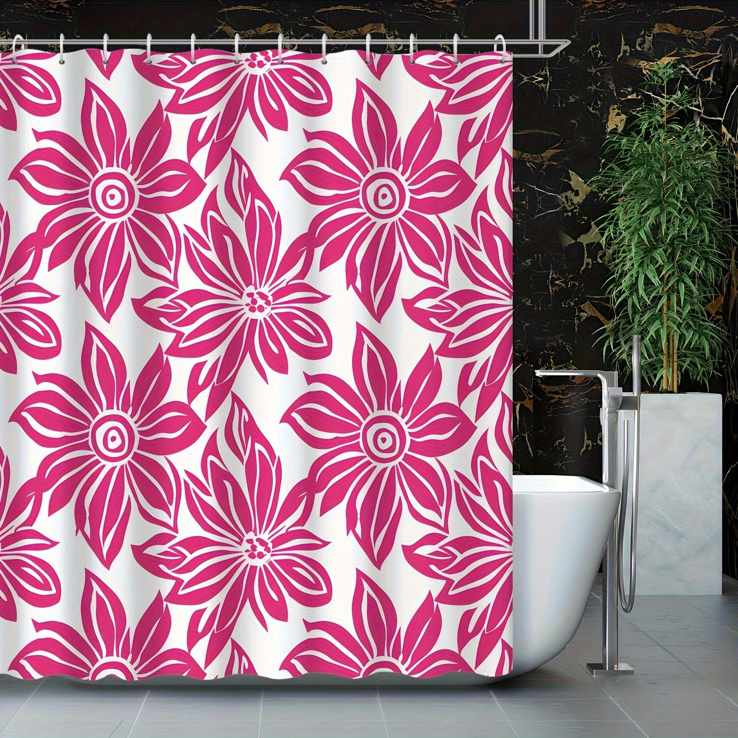 1pc Retro Abstract Geometric Floral Shower Curtain - Vibrant Pink & White Design, Washable Polyester, Includes Hooks, All-Season 90x180cm35x71in