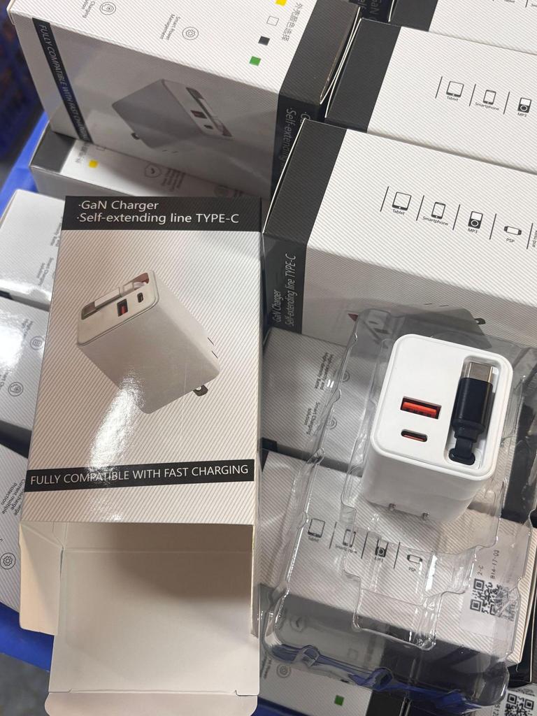 GaN Dual-Port Fast Charger with Foldable Retractable Cable for Apple, Huawei, Xiaomi