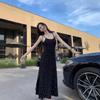 2025 French Style Floral Print Slimming Black Summer Dress with Adjustable Straps