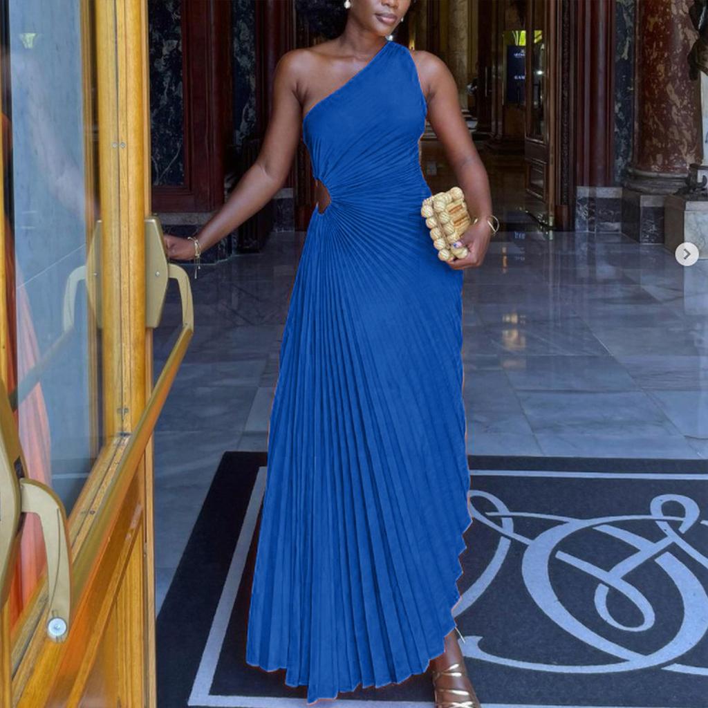 Ladies' Fashionable Solid Color Casual Sexy Temperament Single Shoulder Sloping Collar Pleated Hollow Out Dress Long Dress
