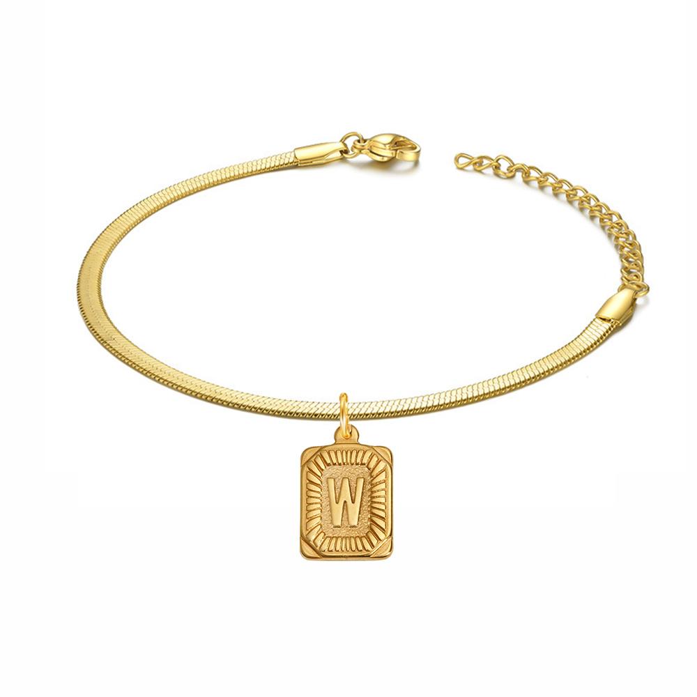 Punk Initial Letter Square Charm Bracelet Female Gold Color Stainless Steel 3mm Flat Snake Chain Link Bracelet for Women Jewelry