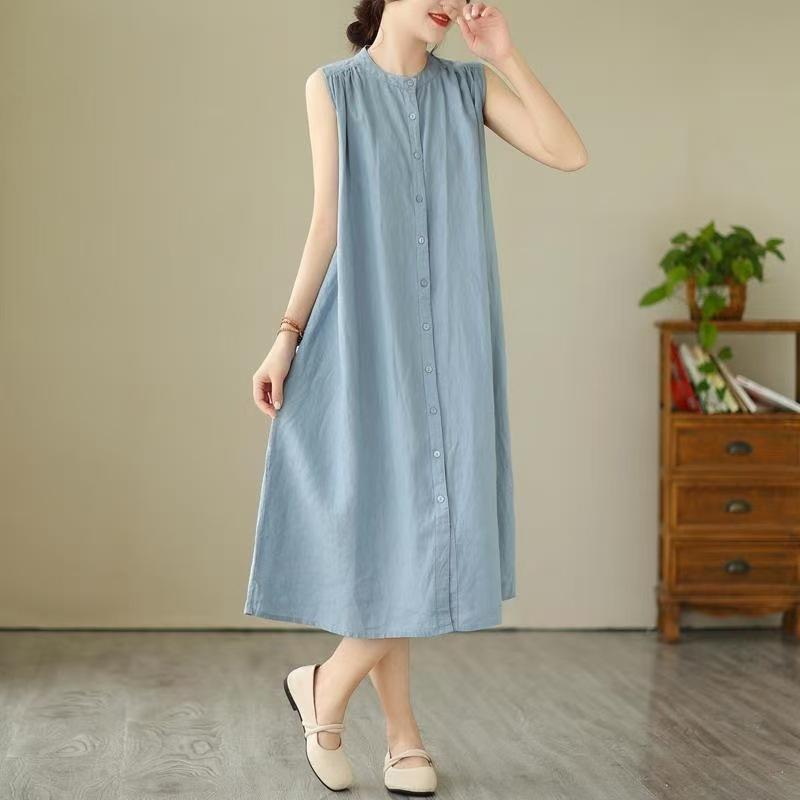 Stand Collar Linen Shirt Front Full Button Loose Flowy A Line Dress Breathable Minimalist Casual Summer Daily Elegant Oversized Mid Length Sundress