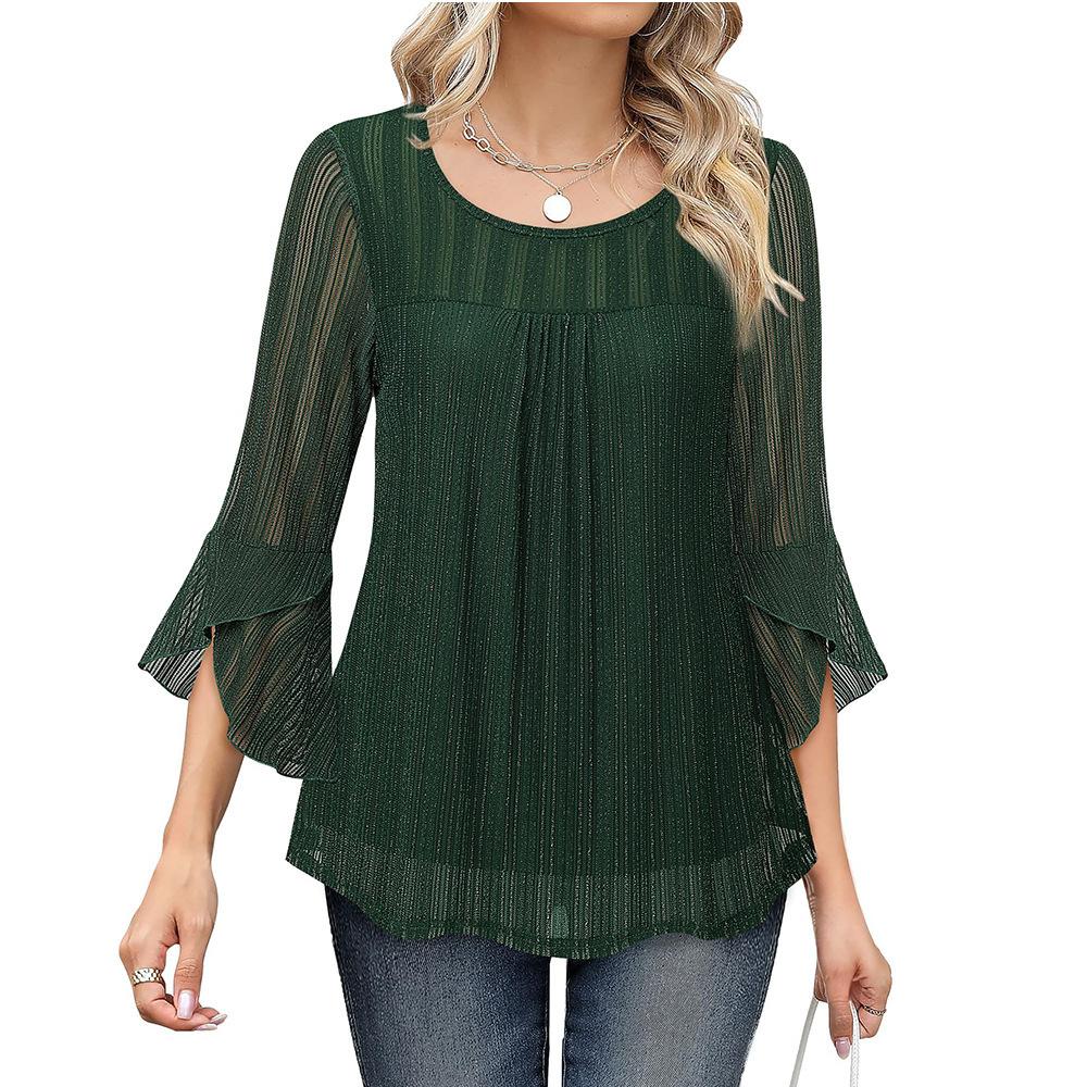 Women's Crew Neck Three Quarter Sleeve Mesh Top Slim Fit Elegant Chiffon Blouse