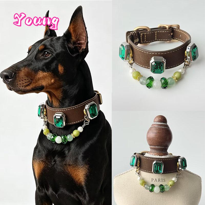 Leather Dog Collar with Detachable Natural Gemstone Charm – Green Fluorite Xiu Jade & Pearl Beaded Pet Necklace Padded Collar