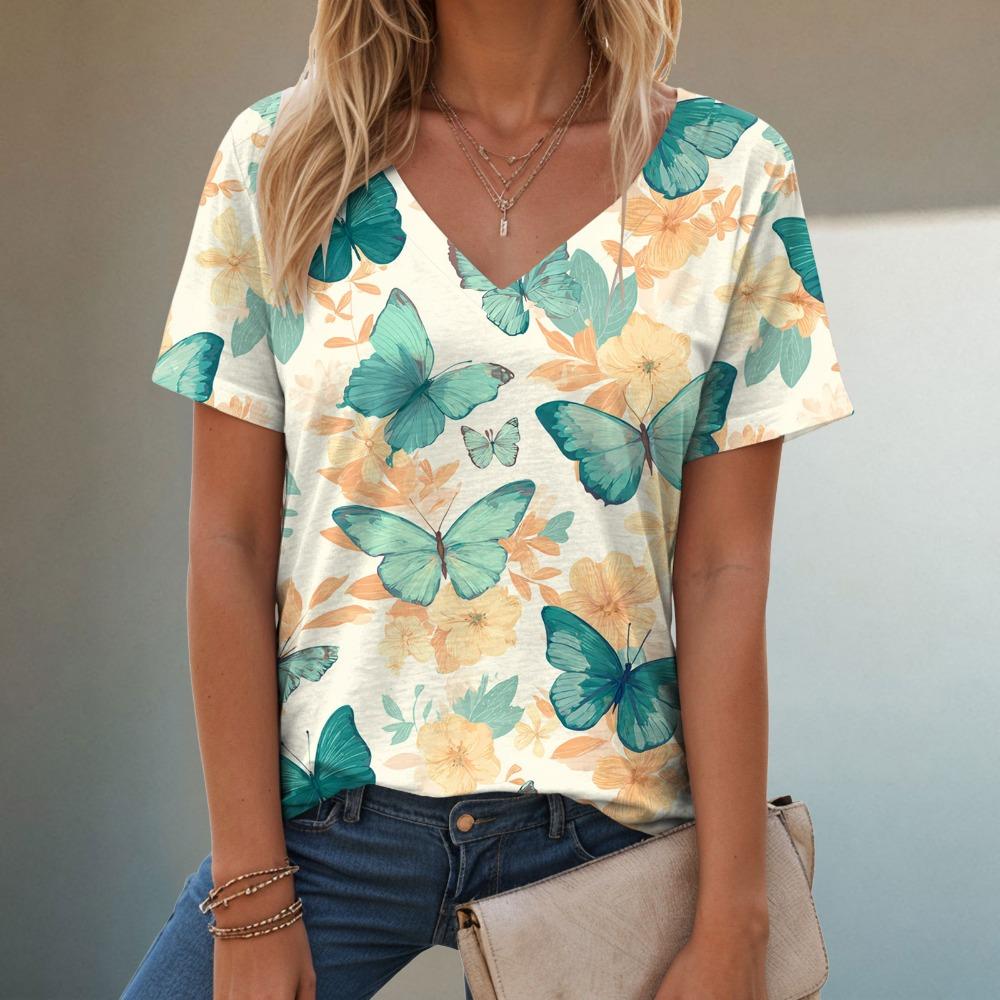 Women's flower butterfly print short sleeved V-neck T-shirt
