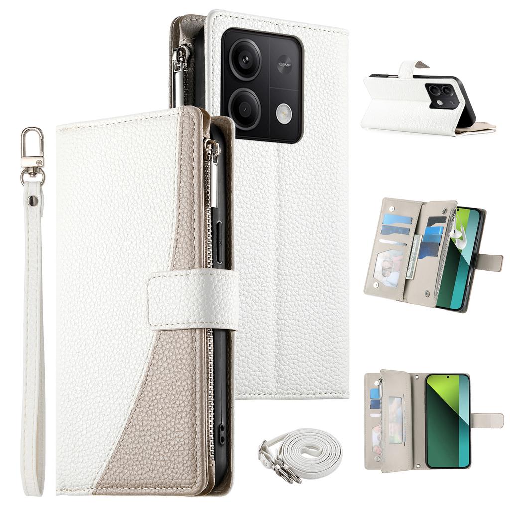 Für Xiaomi Redmi Note 13 5G Hülle Reißverschluss-Geldbörse Farbspleißleder Flip-Handyhülle mit Riemen