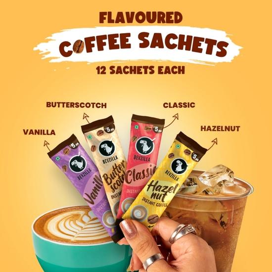 Bevzilla 48 Instant Coffee Powder Sachets (4 Flavours) - 96 Grams | Hazelnut, Classic, Vanilla & Butterscotch | 12 Pouches Each Flavour