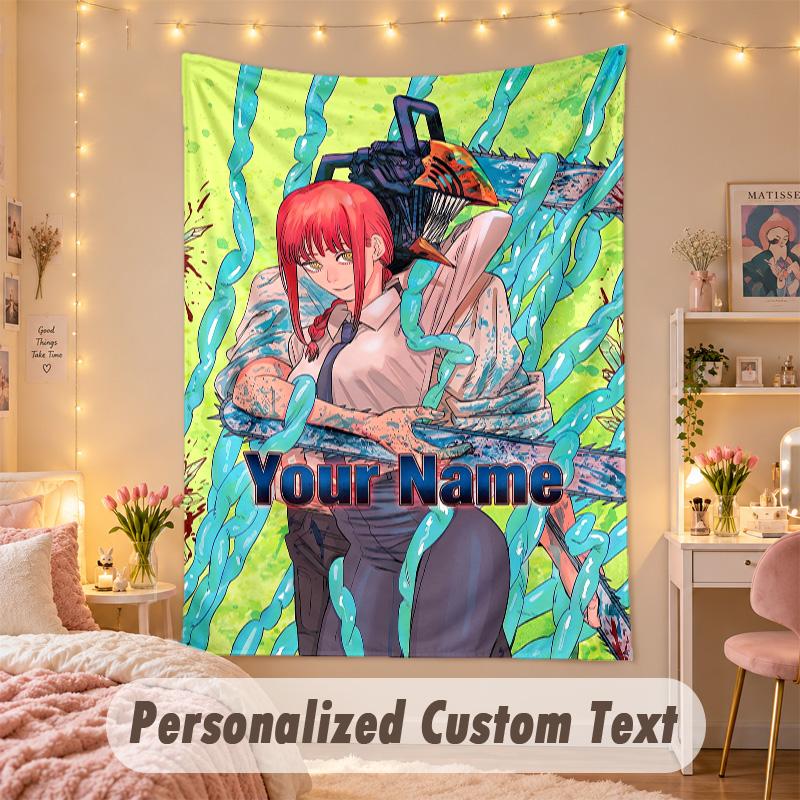 Custom Personalized Tapestry,Chainsaw Man Print Custom Name Text Wall Art Hanging for Bedroom