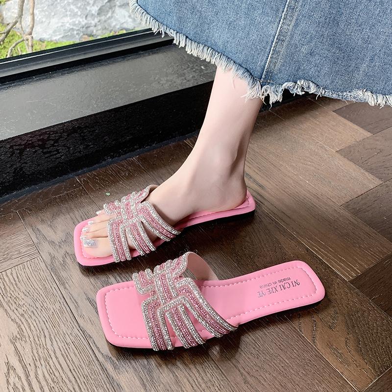 Damen Strass-Slipper Modische Rutschfeste Strandschuhe Sommer Outdoor Hausschuhe Bequeme Flache Sandalen mit Quadratischem Absatz Slides Damen