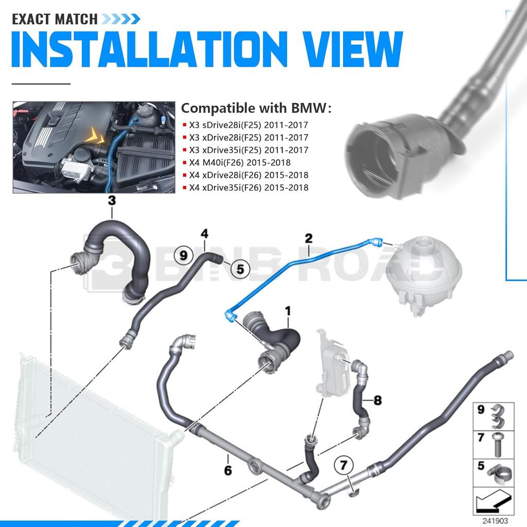 Engine Coolant Overflow Hose Expansion Tank Vent Hose 17128651298 Compatible with BMW X3 X4 L4 L6 2011-2018