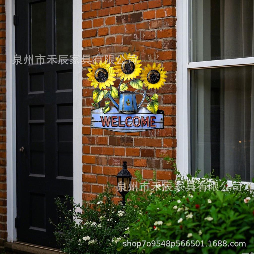 Metal Sunflower Wall Decor with Watering Can and Welcome Sign Garden Hanging Ornament Indoor Outdoor Wall Art