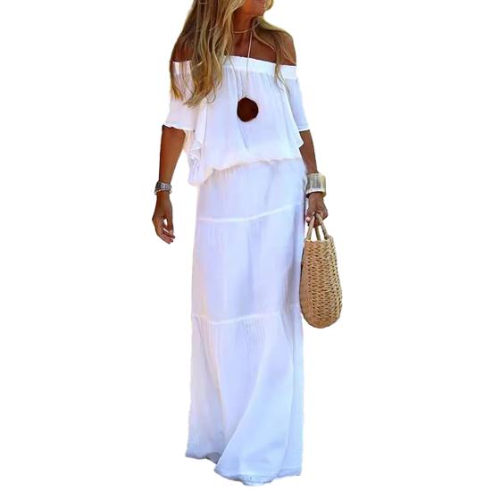 Casual Dress Off Shoulder Short Sleeve Elastic Waist Women Dress Solid Color Loose Cut