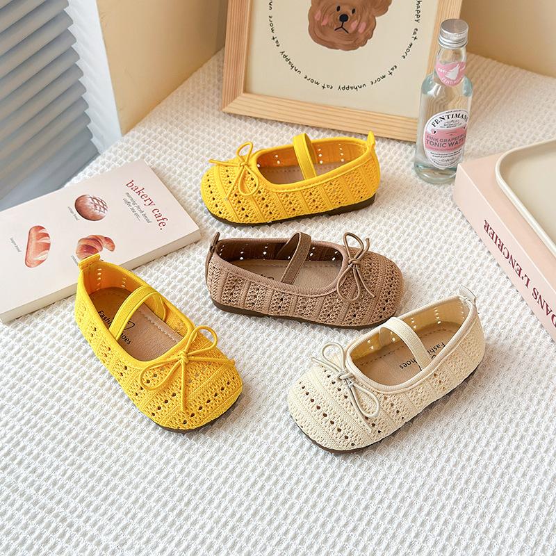 One-word belt woven bag head mesh shoes 2025 summer new Korean version of girls bow princess shoes with skirt sandals