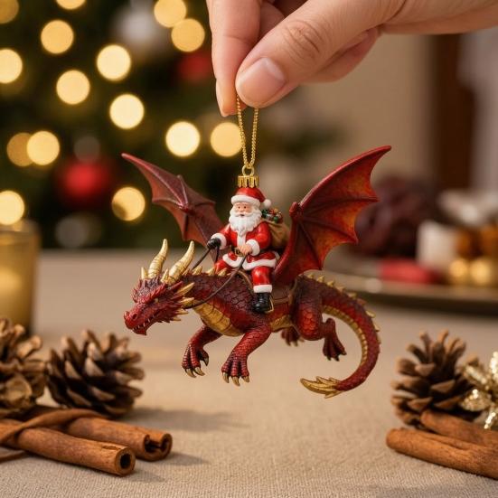 Exquisite Xmas Gift for Friends 2Pcs Santa Dragon Rider Christmas Ornament, 2D Acrylic Flying Artistic And Decor Claus Hanging Decor, Festive