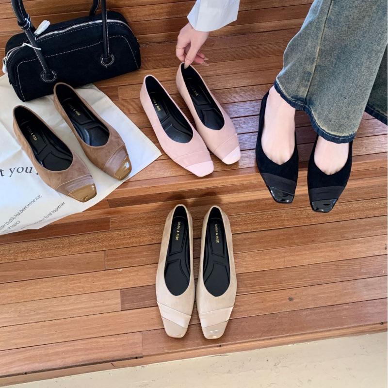 2025 Spring New Square Head Simple Versatile Light Mouth Shoes French Fairy Style Color Matching Flat Flat Heel Soft Leather Shoes