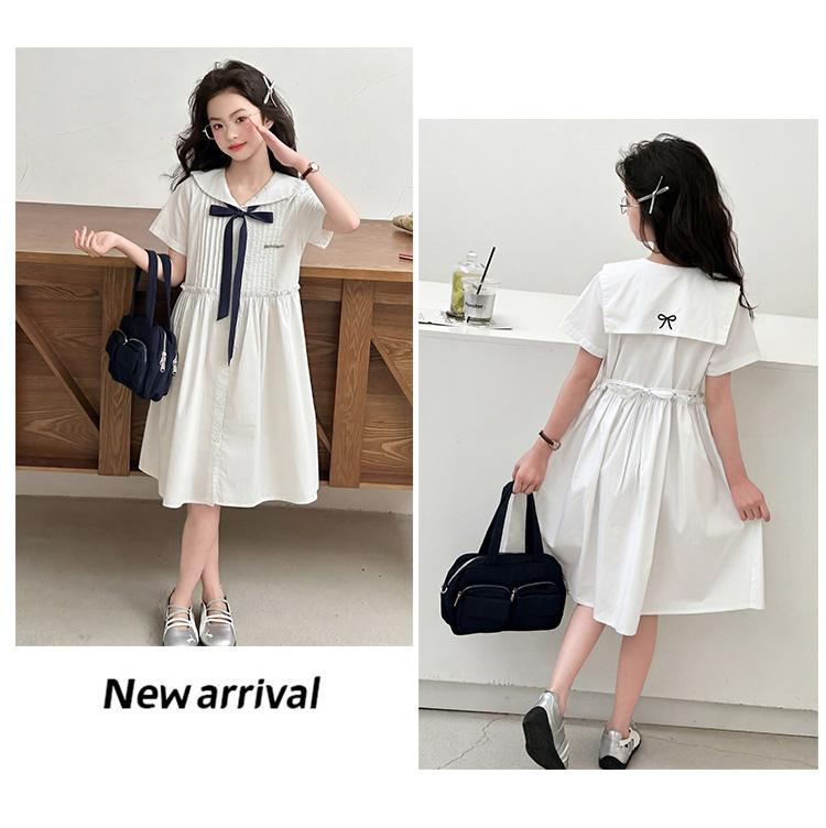 Girls' Korean version college style summer dress, new summer children's stylish navy collar bow dress