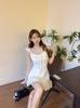 Women's summer new ruffle leaf edge small flying sleeves waist slim long skirt French first love white dress