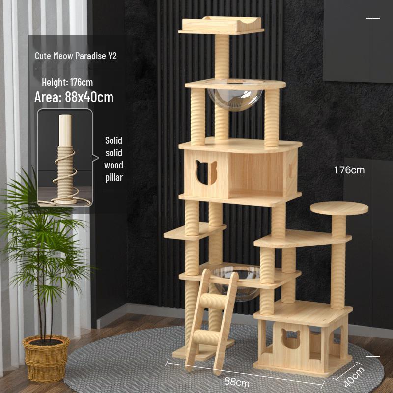 Compact Solid Wood Cat Tree with Climbing Frame & Space Capsule Bed for Large & Small Homes