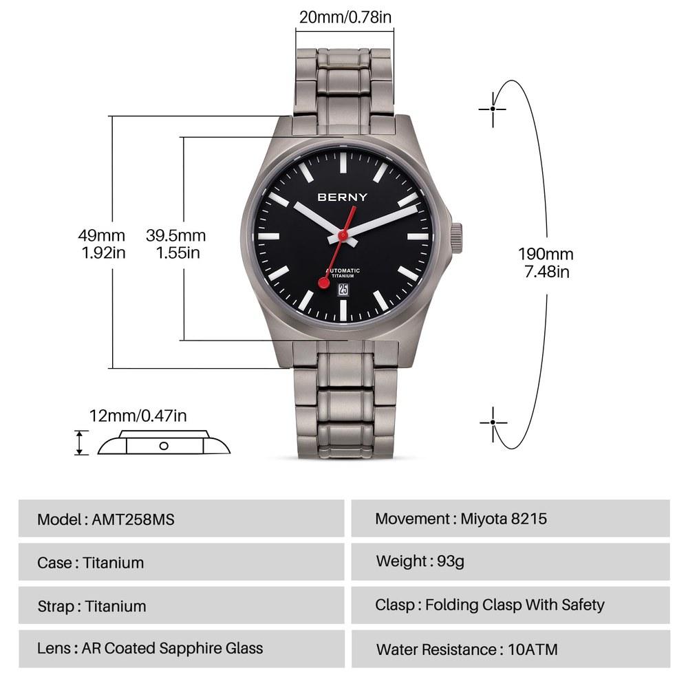 BERNY Titanium Mechanical Watch Automatic Railroad Watch 100M Water Resistant Calendar AR Sapphire Crystal