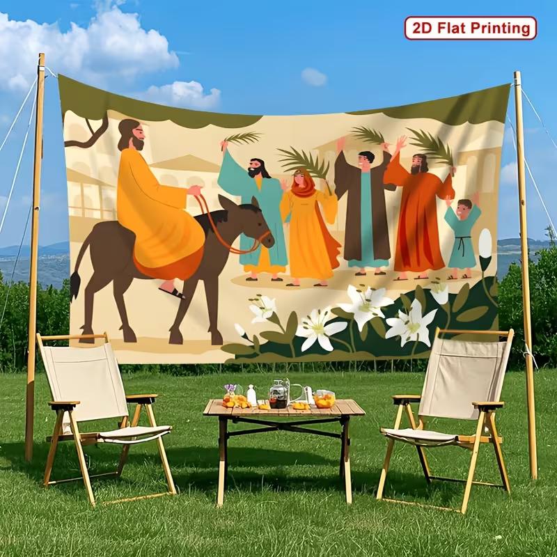2D Religious Palm Sunday Backdrop Cloth Jesus Triumphal Entry Scene