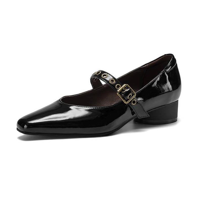 Krazing Pot Genuine Leather Square Toe Low Heels Summer Shoes Big Size 42 Buckle Straps Women Shallow Pumps