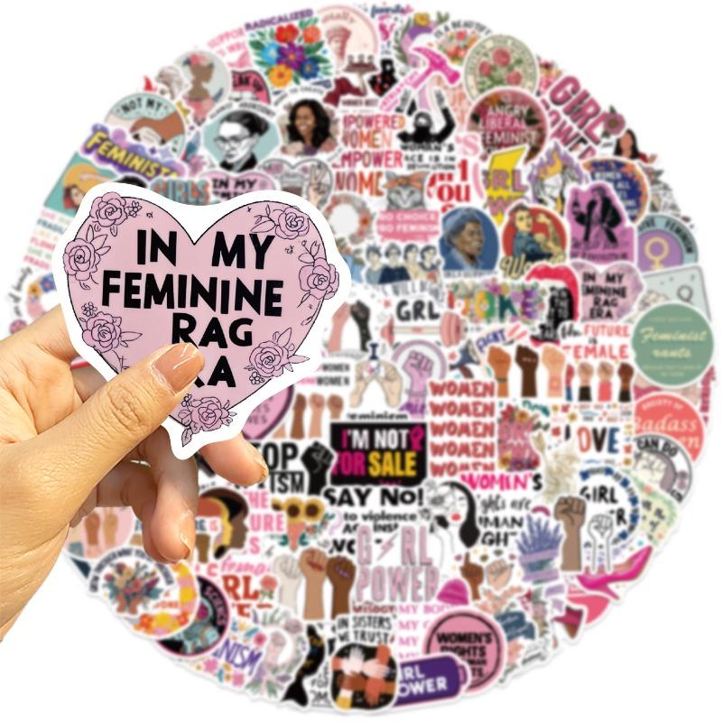 200 Pieces of Pink Sticker Decorative Phone Water Bottles for Female Feminist Groups with Waterproof Cartoon Designs