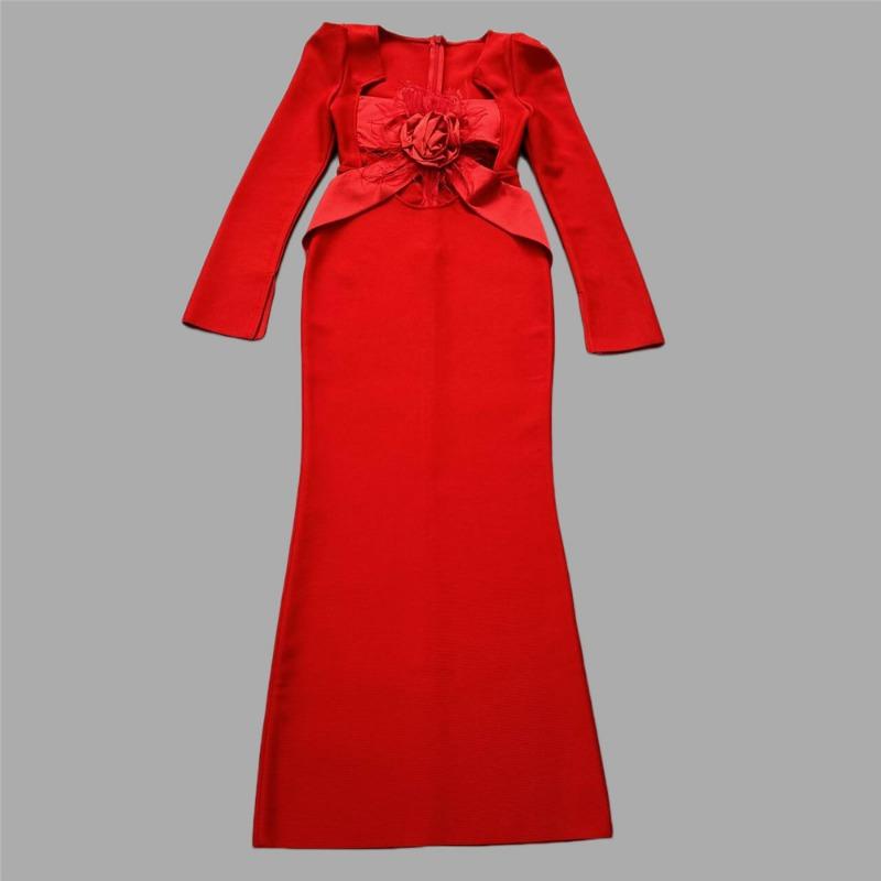 New wind bandage dress Christmas women's temperament long dress sexy long sleeve hollow evening dress