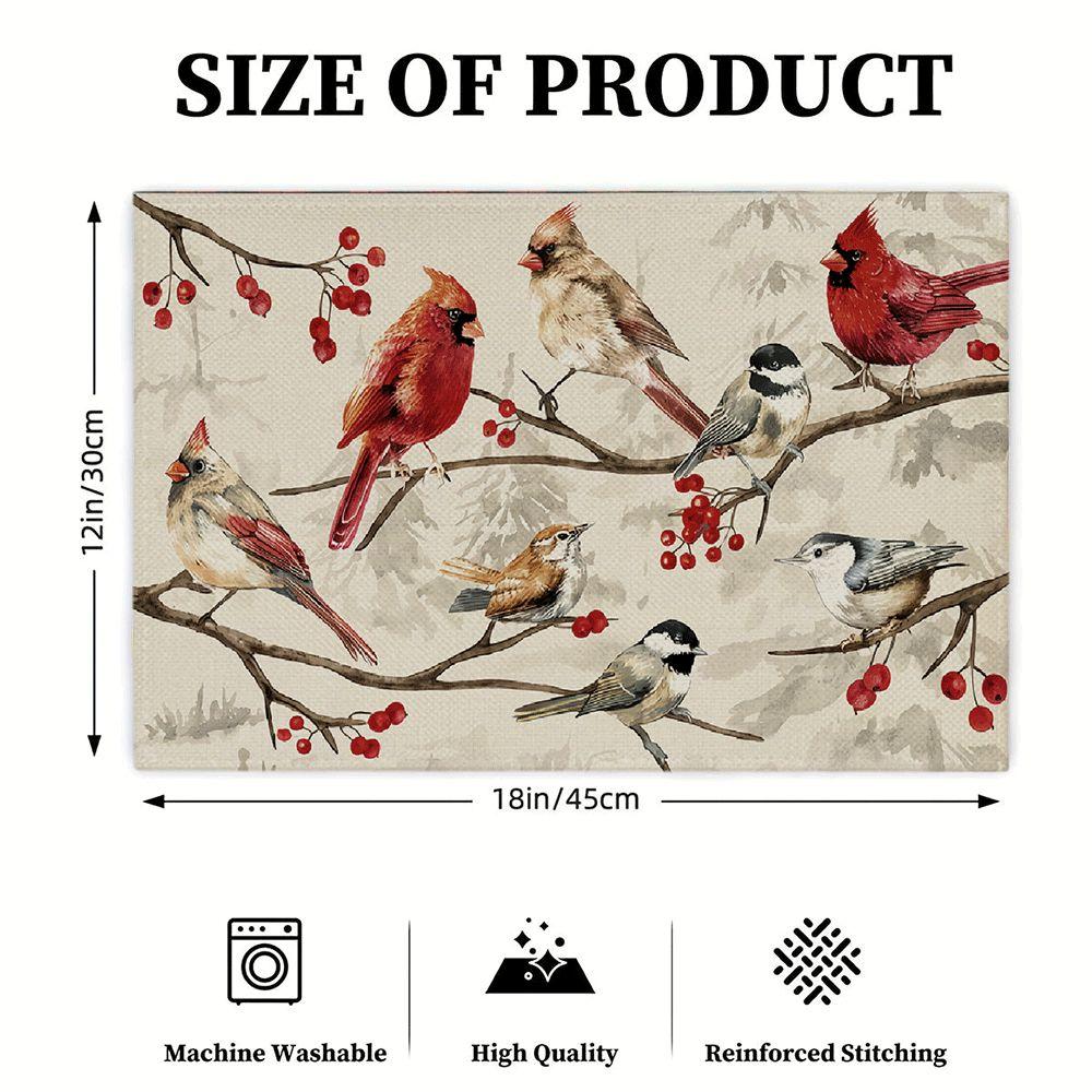 4pcs Placemats, 12x18 Inch Home Decor 2D Printed Placemats, Red Bird Winter Art Linen Printed Table Mats, Rectangular Washable Kitchen Dining Decor,