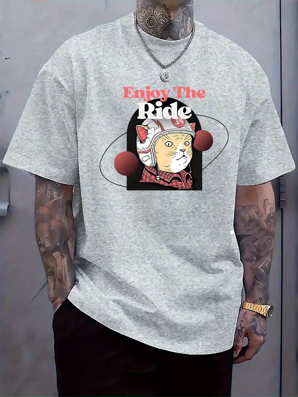Round Neck Short-Sleeve T-shirt with a Cycling Cat Theme Print S
