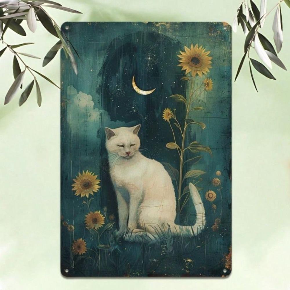 Vintage Sunflower Moon Cat Metal Wall Poster for Living Room