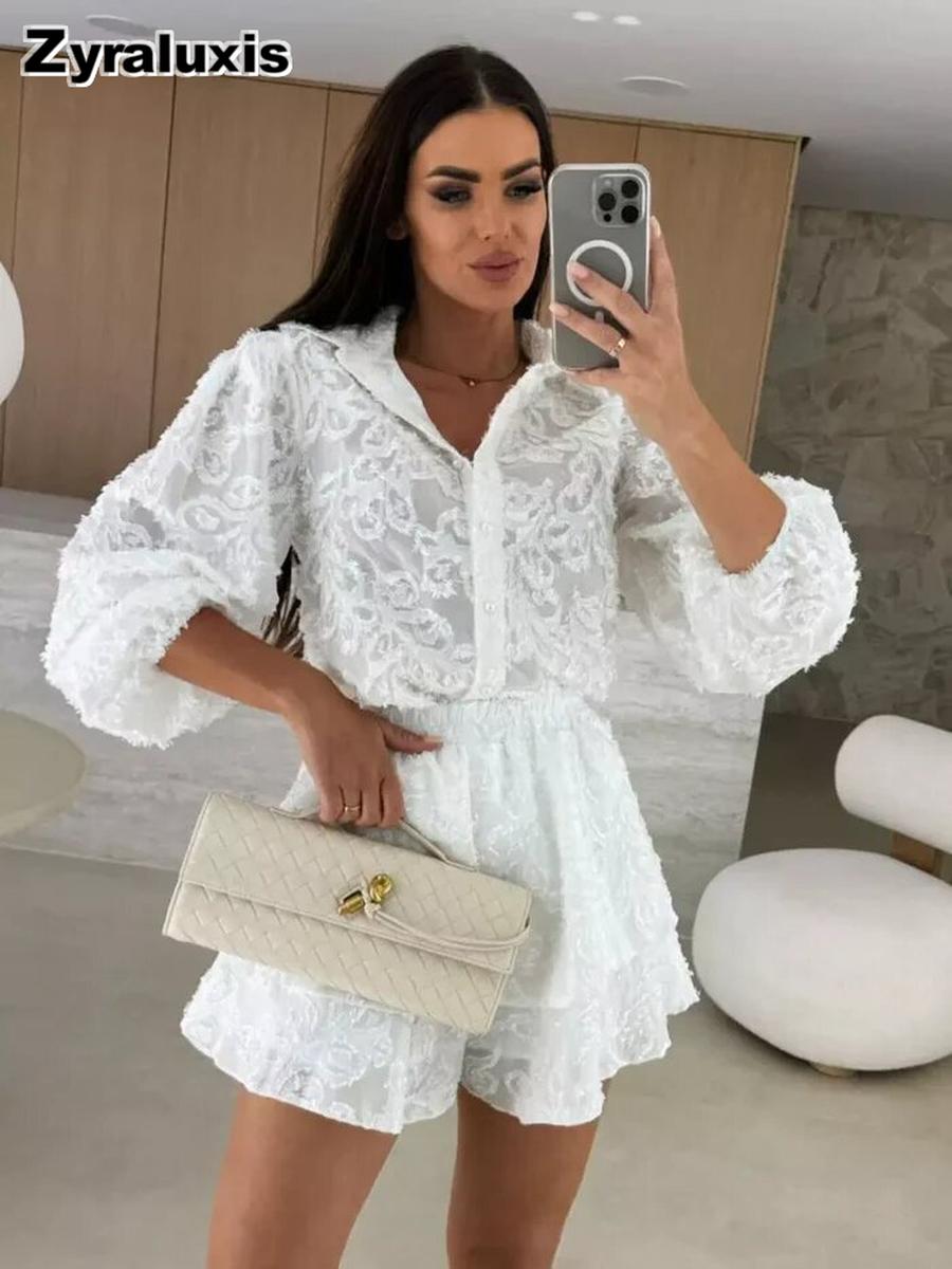 Summer Women s Mesh Lace Casual Long Sleeve Top + Pants Set L