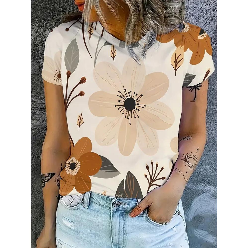 Creative Flower 3D Printed Short Sleeved T-shirt Fashionable Comfortable Soft Breathable Large Loose Womens T-shirt