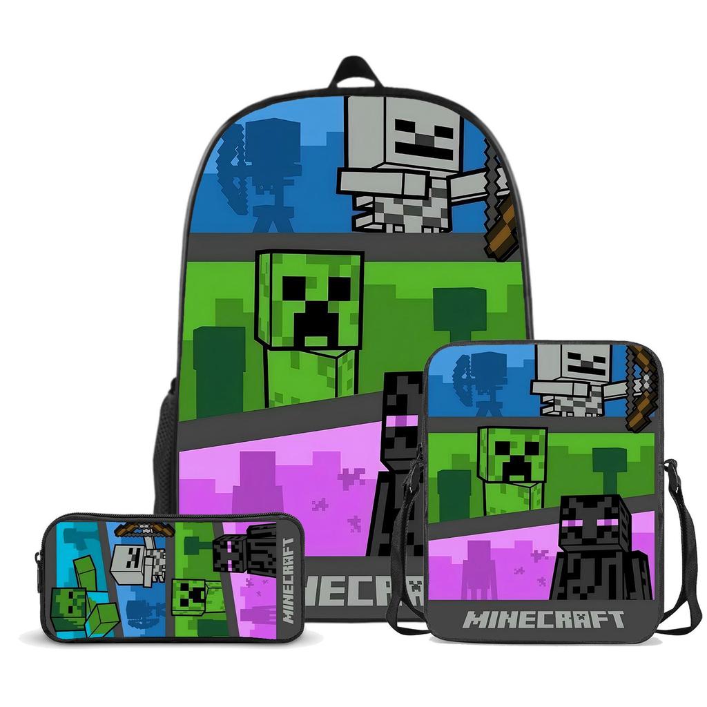 Popular Minecraft 3-Piece Set: Backpack, Messenger Bag, and Cartoon Pencil Case - Lightweight, Splash-Proof, Large Capacity