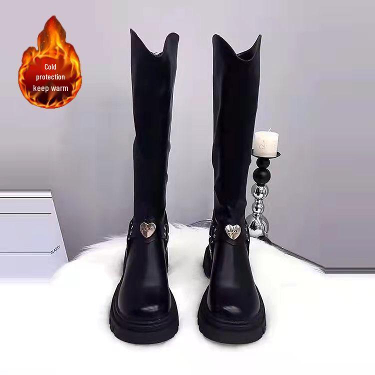 European Station Fleece-Lined Chunky Heel Cotton Knight Boots for Women – Autumn/Winter Korean British Style Slimming High Boots