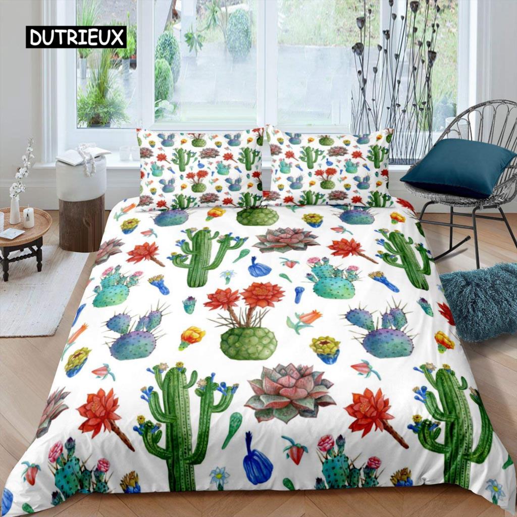 Sukkulenten Bettbezug Set Grüne Pflanze Tropisches Botanisches Bettwäsche Set Aquarellmalerei Stilvolles Naturthema Twin Quilt Cover