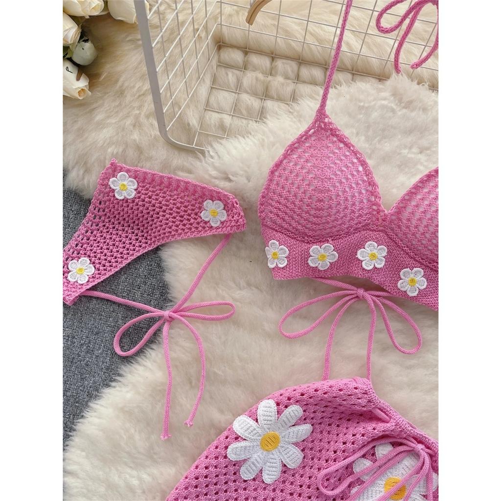 Korean Hollow Out Knitted Suits Women Halter Lace Up Bow Backless Tank Top+Drawstring Split Mini Skirt Two Pieces Sets