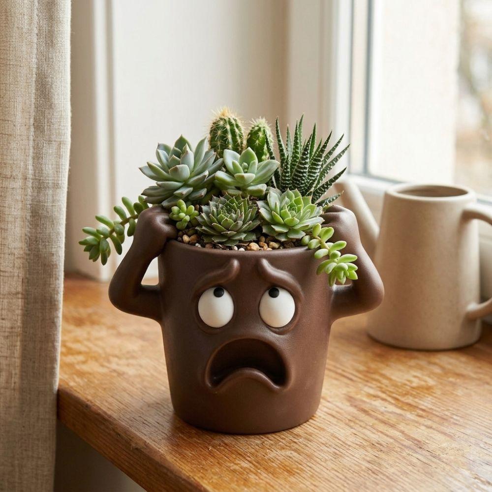 3D Printed Funny Face Succulent Planter Novelty Quirky Face Desktop Flower Pot Gardening Gift