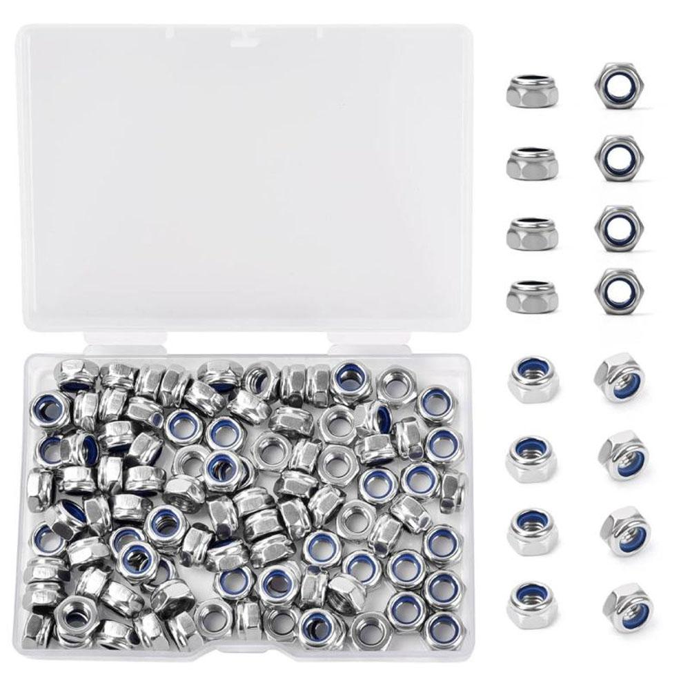 100pcs M6 Pitch 304 Stainless Steel Self-Locking Hex Lock Nuts, Nylon Insert LockNuts Silver Metric Self Clinching Hex Lock Nuts