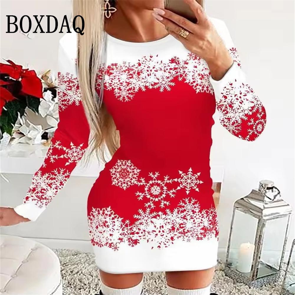 Women Christmas Party Dress 3D Funny Snowman Christmas Element Printed Dress Autumn Winter Long Sleeve Dress