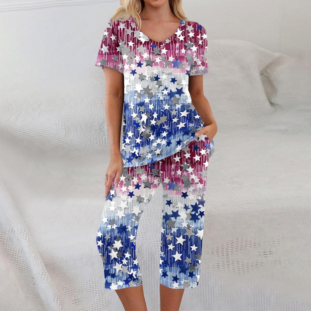 2 Piece Sets For Women Short Sleeve Top And Pants With Pockets Workout Soft Print Sets
