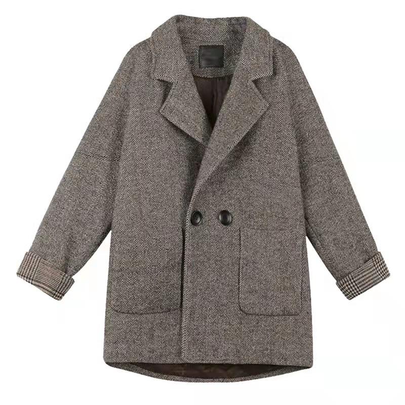 Britischer Stil Grauer Kaffeeanzug Wollmantel Damen Herbst und Winter Dick Locker Lässiger Anzug