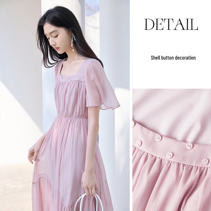Xiangying Women's Elegant Chiffon Square Neck Dress