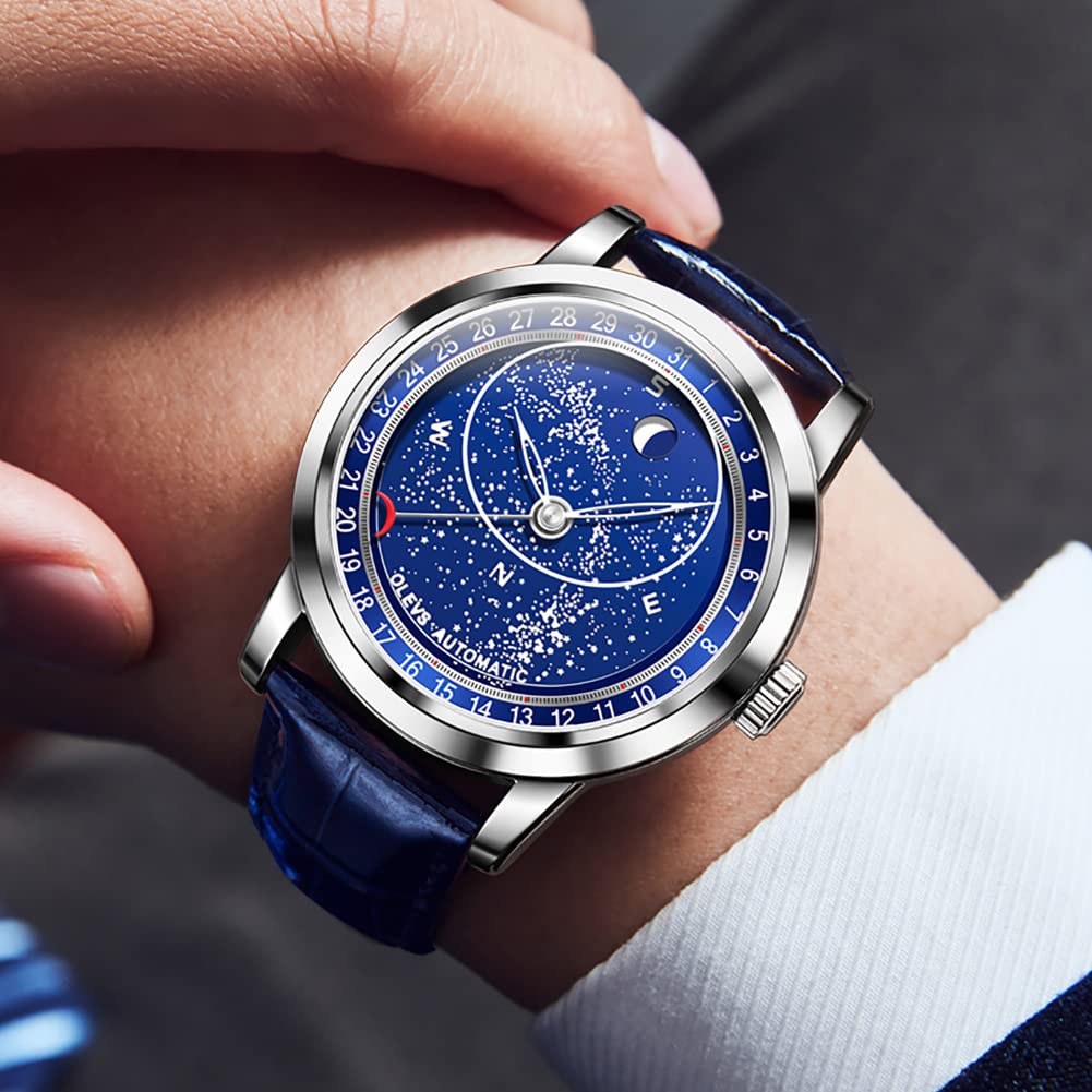 OLEVS Men's Cool Starry Sky Automatic Watch with Luxury Leather Strap, Skeleton Design, Waterproof, Blue…