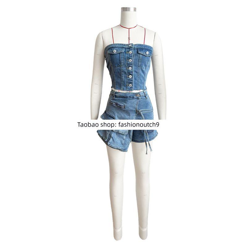 

Модный женский ковбойский комплект с облегающим топом на груди 2025 Blue S