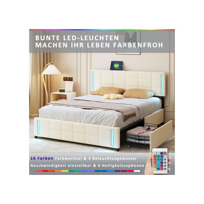 Lit - MUVOE - 140x200 cm - Rembourré en lin beige - 4 tiroirs - Prise LED intégrée