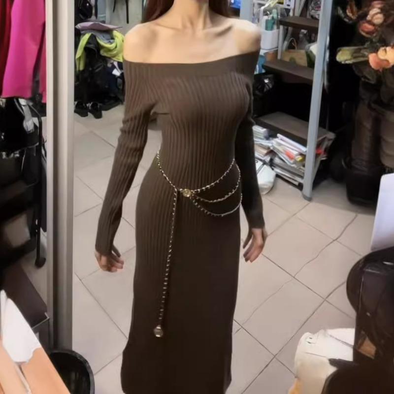 One-word Shoulder Knitted Exposed Collarbone Dress Women's Autumn and Winter New Slim-fitting Drape Versatile Bottom Dress