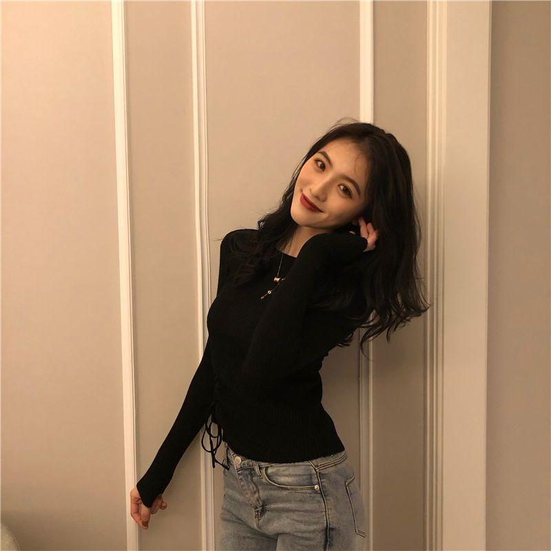 Spring and Autumn New Slim Fit Knitted Base Sweater Women's Sweater Stylish Round Neck Long Sleeved Tight Drawstring Clothes Trendy