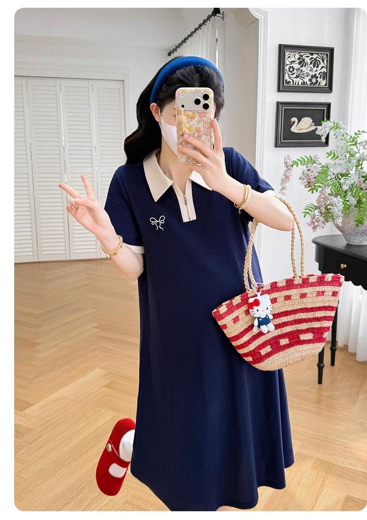 Summer 2026 Maternity Color-Block Zipper Polo Dress - Casual Loose A-Line Mid-Length Skirt