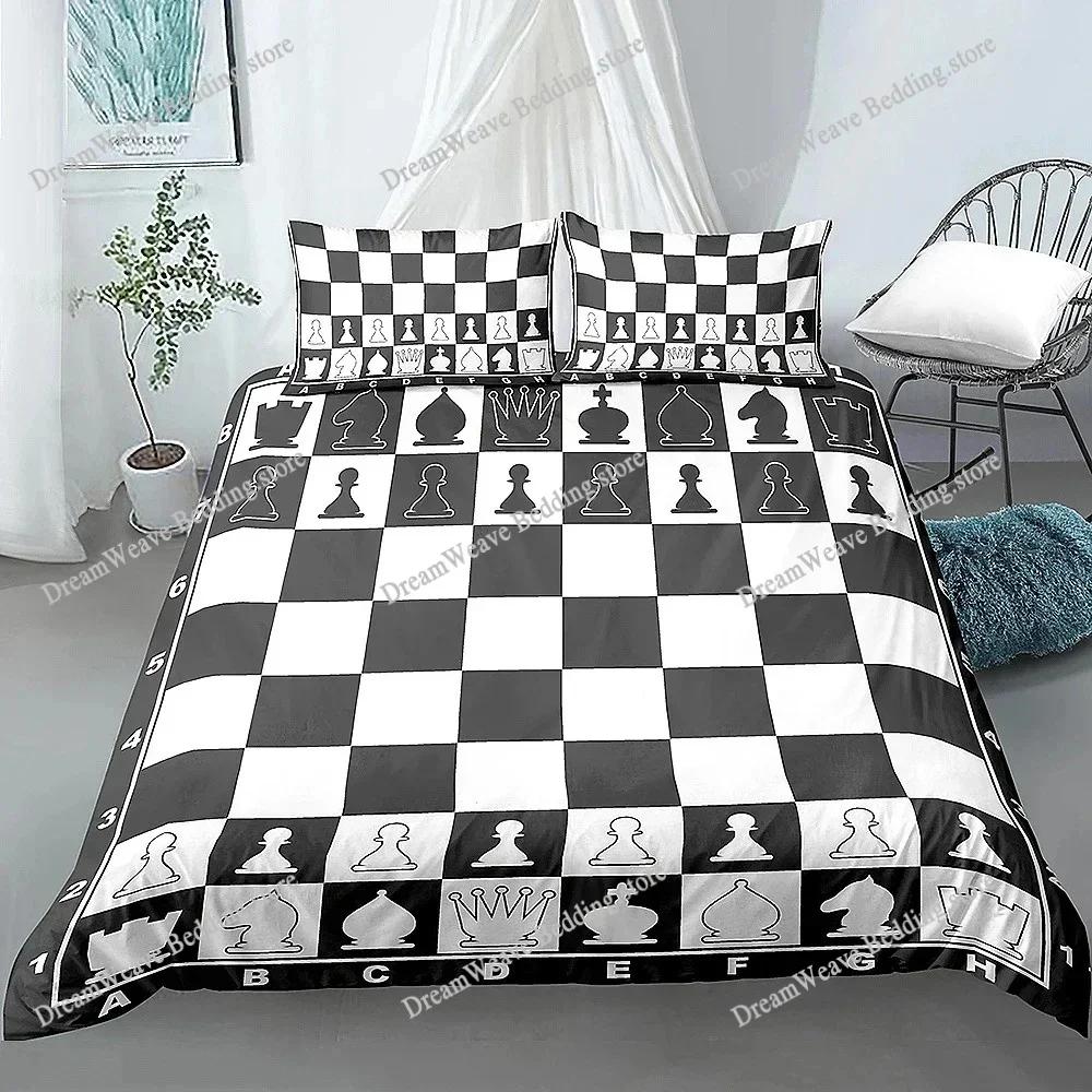 Chess Board Duvet Cover Set 3D Print International Chess Black White Comforter Cover for Boys Girls Polyester Bedding Set