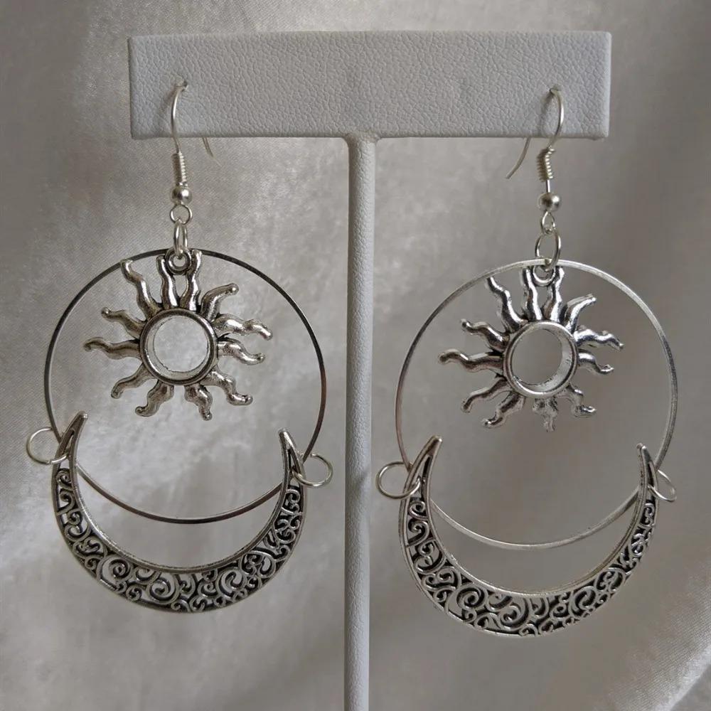 Boho Wykwintne Starożytne Srebro Wzory Ażurowe Kształt Półksiężyca Słońce Gwiazdy Frędzle Wisiorek Wiszące Kolczyki dla Kobiet Biżuteria